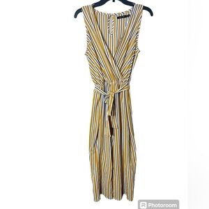 MIND CODE Yellow Striped Sleeveless Wide Leg Jumpsuit Tie Waist Large‎ Festival